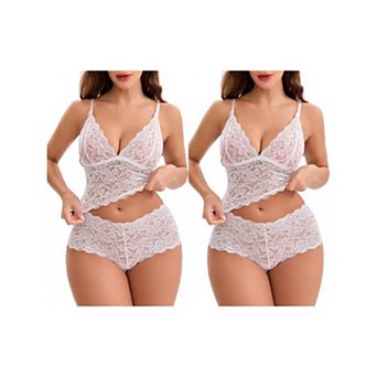 2 Packs Women's Lace Lingerie Set Adjustable Spaghetti Straps Deep V Push-Up Bra High Rise Boyshorts