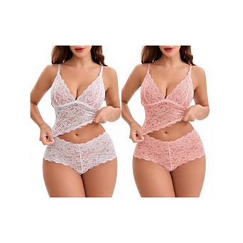 2 Packs Women's Lace Lingerie Set Adjustable Spaghetti Straps Deep V Push-Up Bra High Rise Boyshorts
