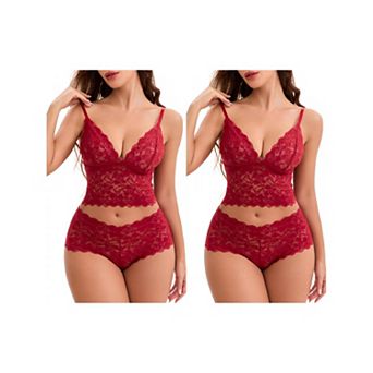 2 Packs Women's Lace Lingerie Set Adjustable Spaghetti Straps Deep V Push-Up Bra High Rise Boyshorts