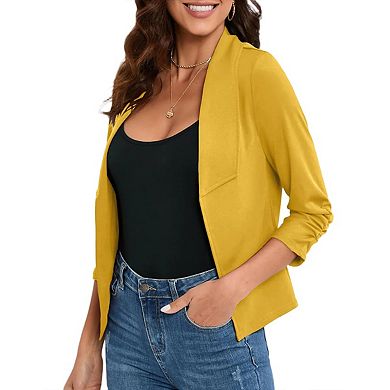 Women's 3/4 Sleeve Blazer Casual Open Front Cardigan Ruched Sleeve Office Cropped Blazer Jacket