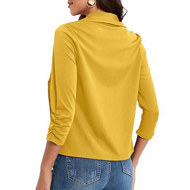 Women's 3/4 Sleeve Blazer Casual Open Front Cardigan Ruched Sleeve Office Cropped Blazer Jacket
