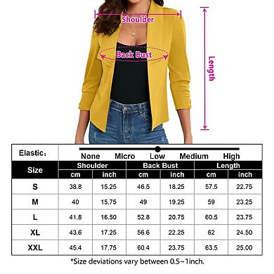 Women's 3/4 Sleeve Blazer Casual Open Front Cardigan Ruched Sleeve Office Cropped Blazer Jacket
