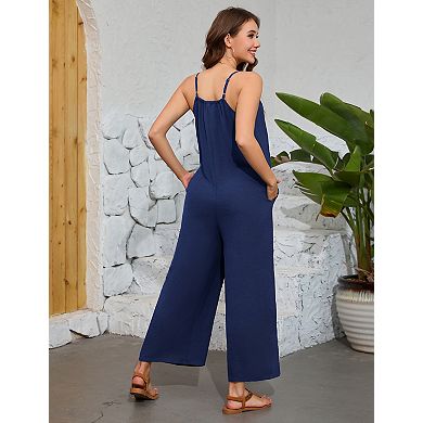 Womens Maternity Jumpsuit Scoop Neck Spaghetti Strap Sleeveless Causal Wide Leg Long Pants Rompers