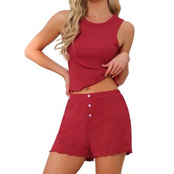 Women's Pajama Sets Tank Round Neck Jersey Rib Knit Ruffle Frill Stretchy Shorts Lounge Sleepwear
