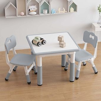 Kids Table and 2 Chairs Set with Graffiti Desktop, Height Adjustable Toddler Table and Chairs Set