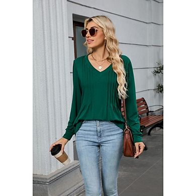 Women's V Neck Long Sleeve Tops Dressy Casual Pleated Solid Color Blouses Tee Shirts