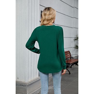 Women's V Neck Long Sleeve Tops Dressy Casual Pleated Solid Color Blouses Tee Shirts