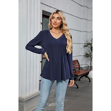 Women's V Neck Long Sleeve Tops Dressy Casual Pleated Solid Color Blouses Tee Shirts
