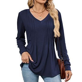 Women's V Neck Long Sleeve Tops Dressy Casual Pleated Solid Color Blouses Tee Shirts