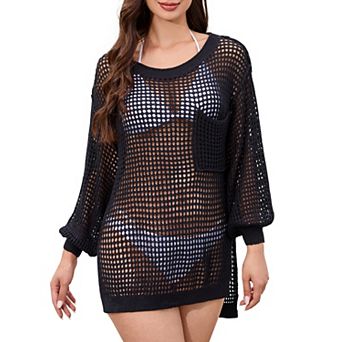 Womens Crochet Knit Beach Vacation Swimsuit Cover Up Long Sleeve Crew Neck Side Slit Mini Dresses