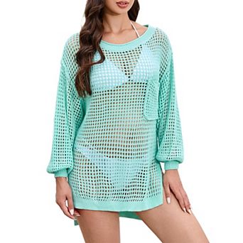 Womens Crochet Knit Beach Vacation Swimsuit Cover Up Long Sleeve Crew Neck Side Slit Mini Dresses