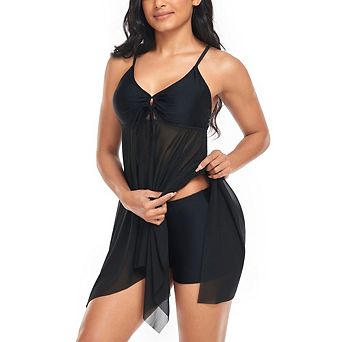 Women's 2 pc Tankini Swimsuit Mesh Flowy A Line Dress Bathing Suit with Short
