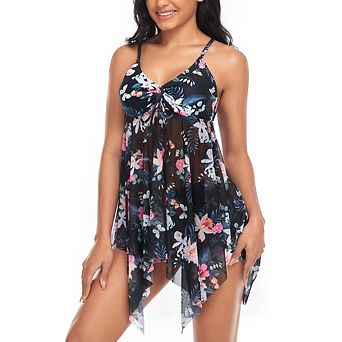 Women's 2 pc Tankini Swimsuit Mesh Flowy A Line Dress Bathing Suit with Short