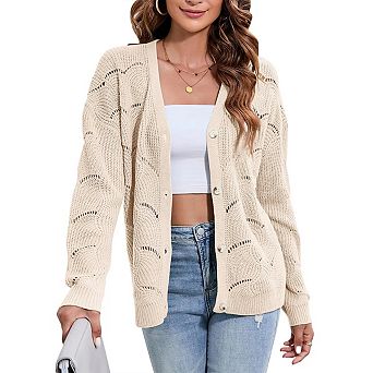Women's Crochet Cardigan Lightweight Long Sleeve Hollow Out Kint Outwear Sweater