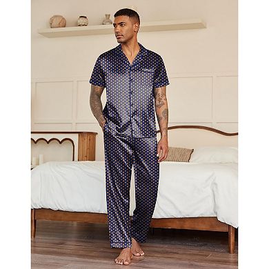 Ekouaer Silk Pajamas for Men Pjs Short Sleeve Button Down Sleepwear 2 Piece Loungewear