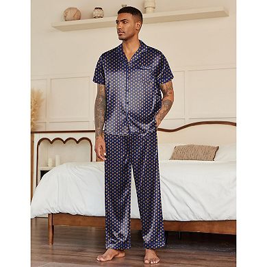Ekouaer Silk Pajamas for Men Pjs Short Sleeve Button Down Sleepwear 2 Piece Loungewear