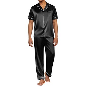 Ekouaer Silk Pajamas for Men Pjs Short Sleeve Button Down Sleepwear 2 pc Loungewear