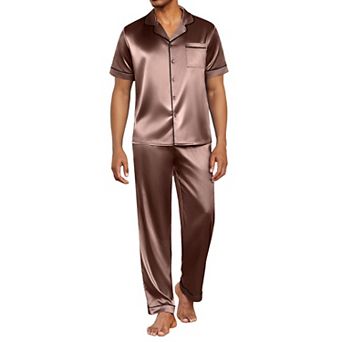 Ekouaer Silk Pajamas for Men Pjs Short Sleeve Button Down Sleepwear 2 pc Loungewear