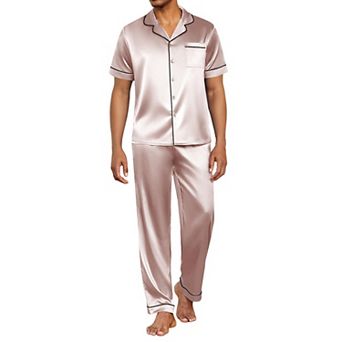Ekouaer Silk Pajamas for Men Pjs Short Sleeve Button Down Sleepwear 2 pc Loungewear
