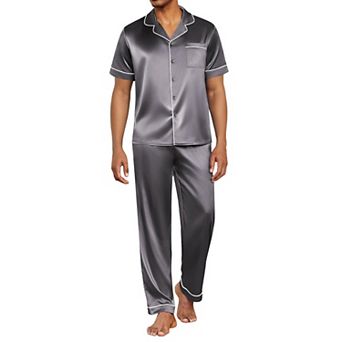 Ekouaer Silk Pajamas for Men Pjs Short Sleeve Button Down Sleepwear 2 pc Loungewear
