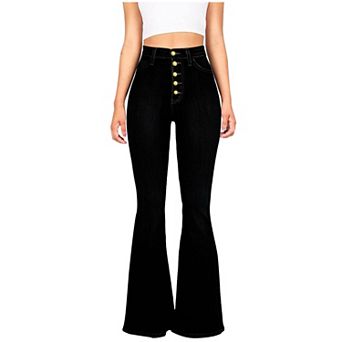 Women's High Waist Slim Fit Denim Jeans with Flared Legs and Zipper Pocket