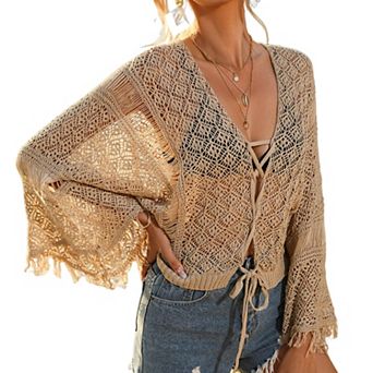 Women's Beach Cover up Top Summer Flare Sleeve Hollow out Fringe Cropped Top