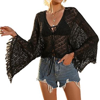 Women's Beach Cover up Top Summer Flare Sleeve Hollow out Fringe Cropped Top