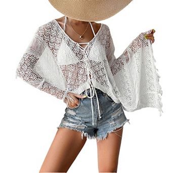 Women's Beach Cover up Top Summer Flare Sleeve Hollow out Fringe Cropped Top