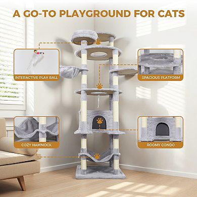 Heybly 78.8 in Cat Tree Tower with Large Condo, Big Hammock, Top Platform, 12 Sisal Scratching Posts