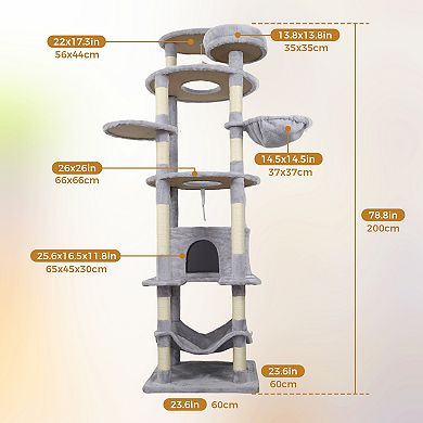 Heybly 78.8 in Cat Tree Tower with Large Condo, Big Hammock, Top Platform, 12 Sisal Scratching Posts