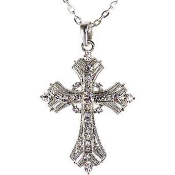 KSIZUIS Silver-Tone Cross Pendant Necklace with Aquamarine Blue or Clear Crystal Rhinestones