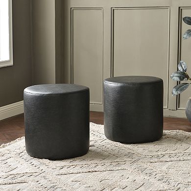 18" Faux Leather Round Upholstered Ottoman Set of 2