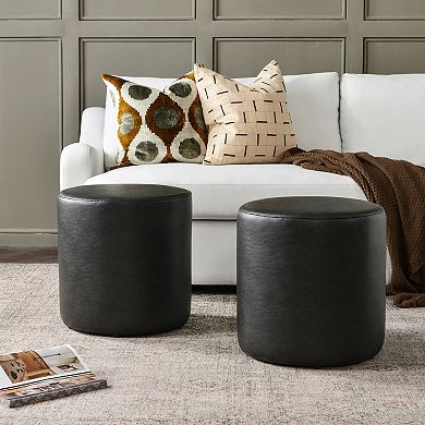 18" Faux Leather Round Upholstered Ottoman Set of 2