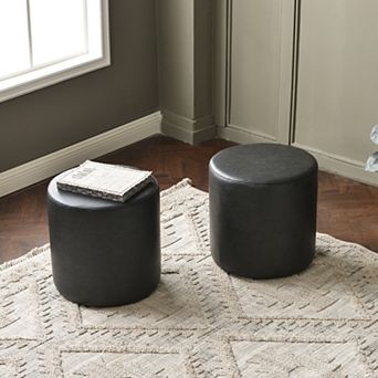 18" Faux Leather Round Upholstered Ottoman Set of 2