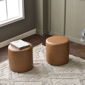 18" Faux Leather Round Upholstered Ottoman Set of 2