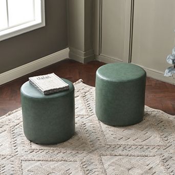 18" Faux Leather Round Upholstered Ottoman Set of 2