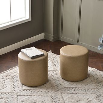 18" Faux Leather Round Upholstered Ottoman Set of 2