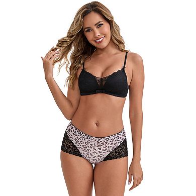 2 Packs Women's Lace Leopard Print Hip-Lifting Tummy Control Mid Rise Full Coverage Boyshorts