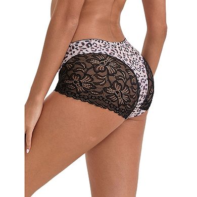 2 Packs Women's Lace Leopard Print Hip-Lifting Tummy Control Mid Rise Full Coverage Boyshorts