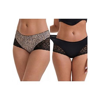 2 Packs Women's Lace Leopard Print Hip-Lifting Tummy Control Mid Rise Full Coverage Boyshorts