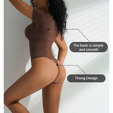 Women's Square Neck Short Sleeve Bodysuit Form Fitting Thong Bodysuit Tops