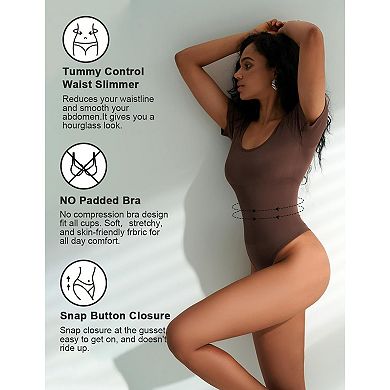 Women's Square Neck Short Sleeve Bodysuit Form Fitting Thong Bodysuit Tops