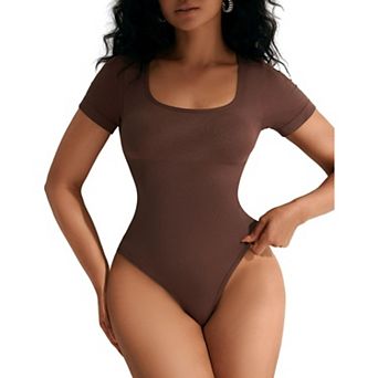 Women's Square Neck Short Sleeve Bodysuit Form Fitting Thong Bodysuit Tops