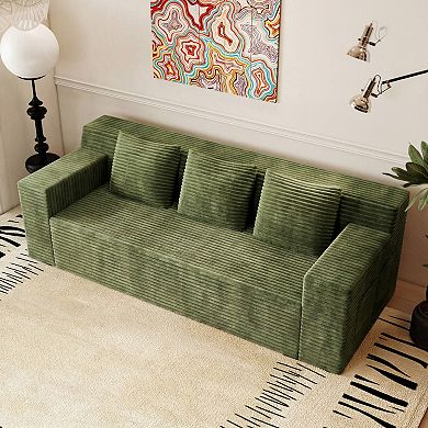 KWPZQEB Corduroy Deep Seat Boneless Loveseat with 3 Pillows & Side Pockets for Apartment