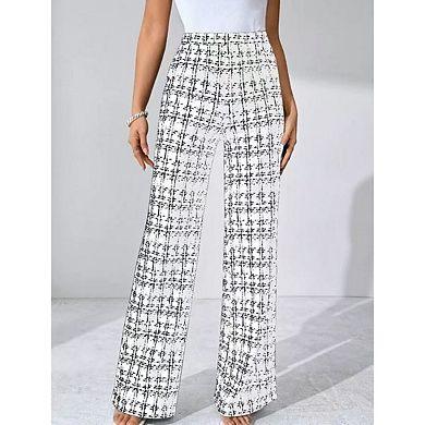 Women's Plaid Print High Waisted Straight Leg Elegant Long Trousers