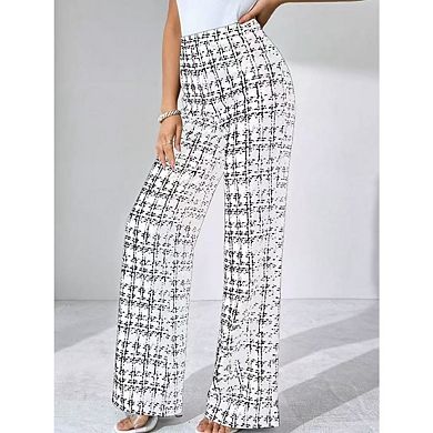 Women's Plaid Print High Waisted Straight Leg Elegant Long Trousers