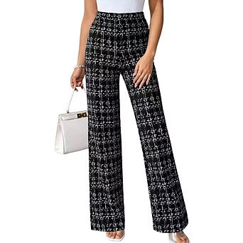 Women's Plaid Print High Waisted Straight Leg Elegant Long Trousers