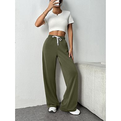 Pinspark Women's High Waisted Wide Leg Sweatpants Comfy Loose Drawstring Pants with Big Pockets
