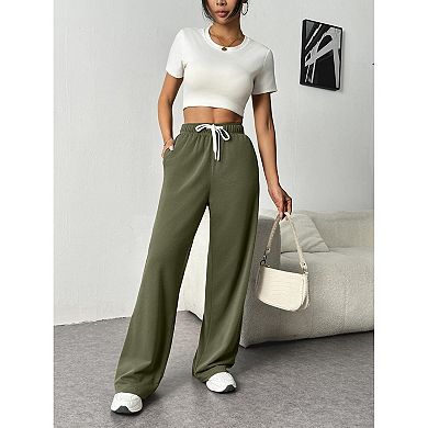 Pinspark Women's High Waisted Wide Leg Sweatpants Comfy Loose Drawstring Pants with Big Pockets