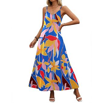 Women's Tropical Print Maxi Dress Square Neck Tie Strap Tiered Flowy Summer Beach Dress